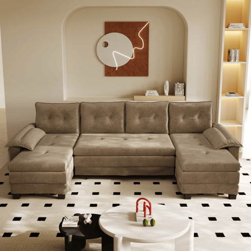 Sofá-cama seccional de 4 lugares, 278 cm - sofá em U convertível com cama extraível, porta USB, braços removíveis, design modular extragrande e moderno - cáqui Sofá-cama seccional de 4 lugares, 278 cm - sofá em U convertível com cama extraível, porta USB, braços removíveis, design modular extragrande e moderno - cáqui