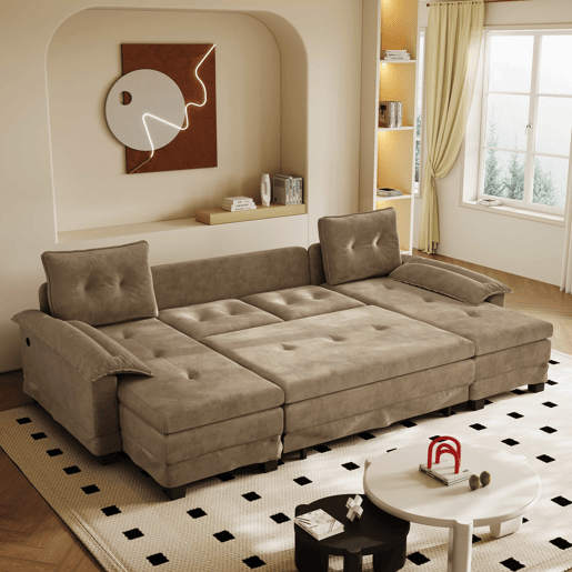 Sofá-cama seccional de 4 lugares, 278 cm - sofá em U convertível com cama extraível, porta USB, braços removíveis, design modular extragrande e moderno - cáqui Sofá-cama seccional de 4 lugares, 278 cm - sofá em U convertível com cama extraível, porta USB, braços removíveis, design modular extragrande e moderno - cáqui