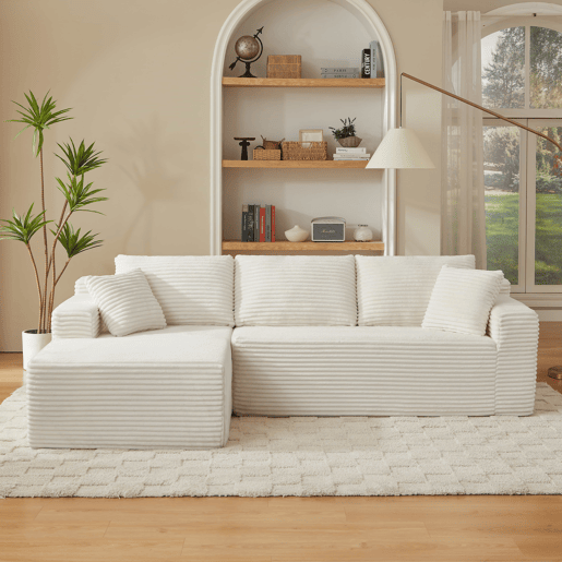 Sofá modular em L de 4 lugares - Espuma viscoelástica, chaise longue extragrande - Branco Sofá modular em L de 4 lugares - Espuma viscoelástica, chaise longue extragrande - Branco