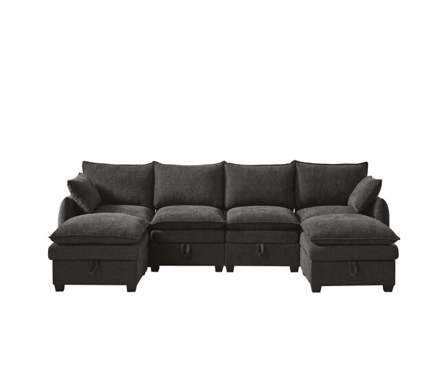 Sofá modular 6 plazas - con almacenamiento, con cojines y almohadones en los brazos, tapizado de chenilla, estructura de madera maciza - gris