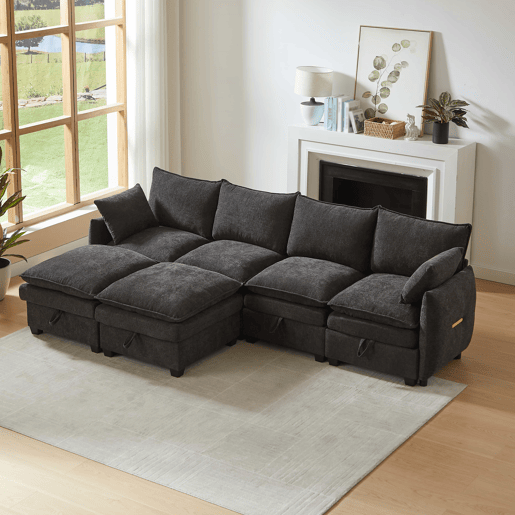 Sofá modular de 6 lugares - Com arrumação, almofadas e travesseiros nos braços, estofo em chenille, estrutura em madeira maciça - Cinza