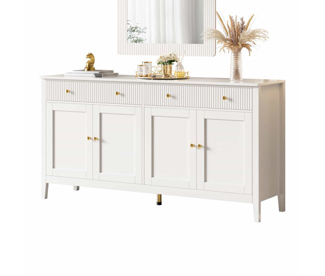 Aparador de comedor - 2 cajones y 4 puertas, estilo elegante, tiradores dorados, gran capacidad de almacenamiento - blanco