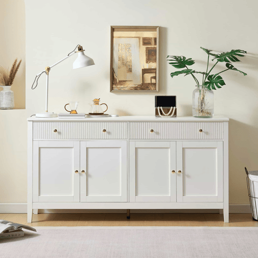 Aparador de sala de jantar - 2 gavetas e 4 portas, estilo elegante, puxadores dourados, grande capacidade de arrumação - branco