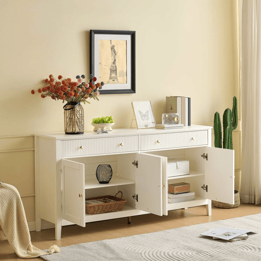 Aparador de sala de jantar - 2 gavetas e 4 portas, estilo elegante, puxadores dourados, grande capacidade de arrumação - branco