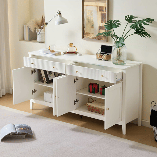 Aparador de sala de jantar - 2 gavetas e 4 portas, estilo elegante, puxadores dourados, grande capacidade de arrumação - branco