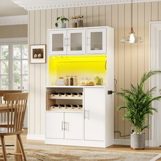 Armário de despensa para cozinha 100x40x180 cm - com LED RGB, tomada, suporte para copos, suporte para garrafas e portas de vidro - branco