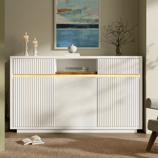 Aparador 140 x 40 x 85 cm - com LED, 2 gavetas, 3 portas, prateleiras ajustáveis, design moderno, sala, corredor, cozinha - branco
