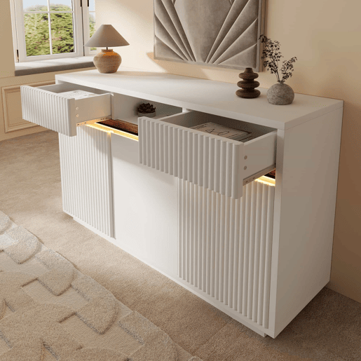 Aparador 140 x 40 x 85 cm - com LED, 2 gavetas, 3 portas, prateleiras ajustáveis, design moderno, sala, corredor, cozinha - branco