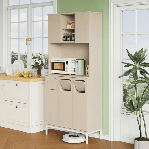 Armário para lixo 80 x 35 x 181 cm - 3 portas, compartimento para resíduos, espaço para micro-ondas, espaço para aspirador, acabamento em madeira clara e branco - Branco