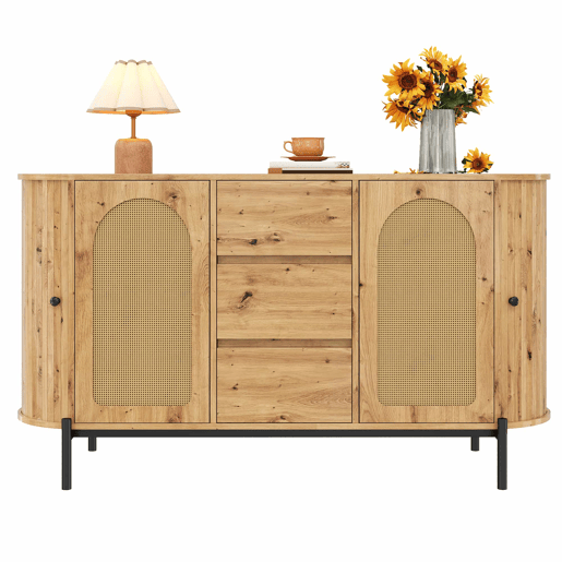 Aparador oval - com rattan, portas de correr, gavetas e prateleiras ajustáveis, acabamento em imitação de madeira, pés metálicos, armário de arrumação multifuncional - Natural