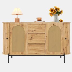 Aparador oval - com rattan, portas de correr, gavetas e prateleiras ajustáveis, acabamento em imitação de madeira, pés metálicos, armário de arrumação multifuncional - Natural