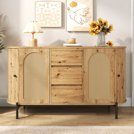 Aparador oval - com rattan, portas de correr, gavetas e prateleiras ajustáveis, acabamento em imitação de madeira, pés metálicos, armário de arrumação multifuncional - Natural