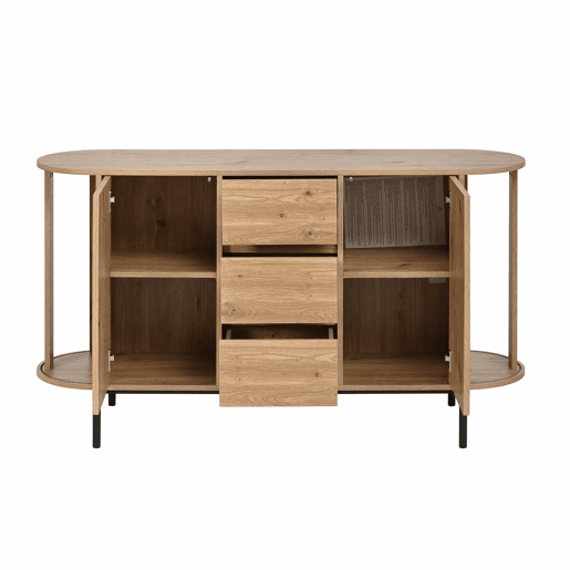 Aparador oval - com rattan, portas de correr, gavetas e prateleiras ajustáveis, acabamento em imitação de madeira, pés metálicos, armário de arrumação multifuncional - Natural