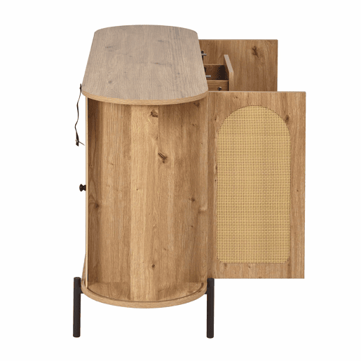 Aparador oval - com rattan, portas de correr, gavetas e prateleiras ajustáveis, acabamento em imitação de madeira, pés metálicos, armário de arrumação multifuncional - Natural