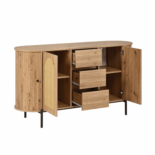 Aparador oval - com rattan, portas de correr, gavetas e prateleiras ajustáveis, acabamento em imitação de madeira, pés metálicos, armário de arrumação multifuncional - Natural