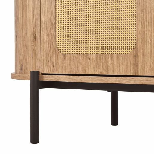 Aparador oval - com rattan, portas de correr, gavetas e prateleiras ajustáveis, acabamento em imitação de madeira, pés metálicos, armário de arrumação multifuncional - Natural