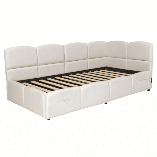 Cama estofada individual para criança 90x190 cm - cama com arrumação, sofá-cama, base de ripas, porta USB, bolso de arrumação, veludo, para jovens e adultos, sem colchão - bege