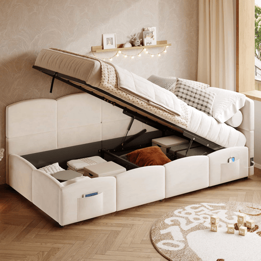 Cama estofada individual para criança 90x190 cm - cama com arrumação, sofá-cama, base de ripas, porta USB, bolso de arrumação, veludo, para jovens e adultos, sem colchão - bege