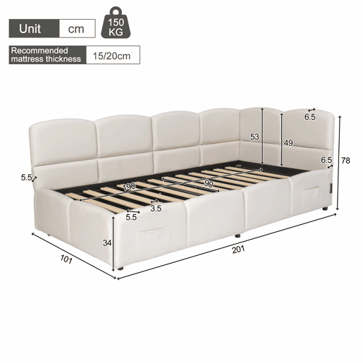 Cama estofada individual para criança 90x190 cm - cama com arrumação, sofá-cama, base de ripas, porta USB, bolso de arrumação, veludo, para jovens e adultos, sem colchão - bege