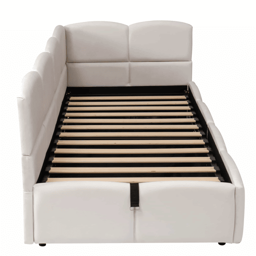 Cama estofada individual para criança 90x190 cm - cama com arrumação, sofá-cama, base de ripas, porta USB, bolso de arrumação, veludo, para jovens e adultos, sem colchão - bege