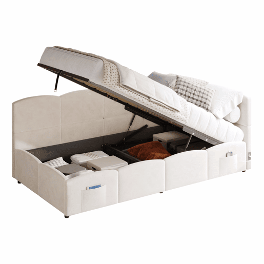 Cama estofada individual para criança 90x190 cm - cama com arrumação, sofá-cama, base de ripas, porta USB, bolso de arrumação, veludo, para jovens e adultos, sem colchão - bege