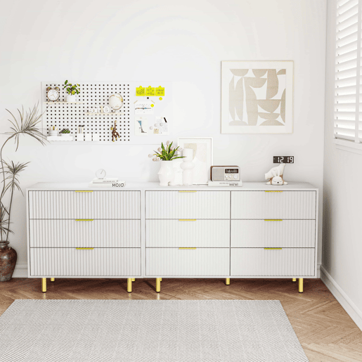 Aparador modular 72 x 200 x 40 cm u2013 com 9 gavetas, design moderno, móvel de arrumação u2013 branco e dourado