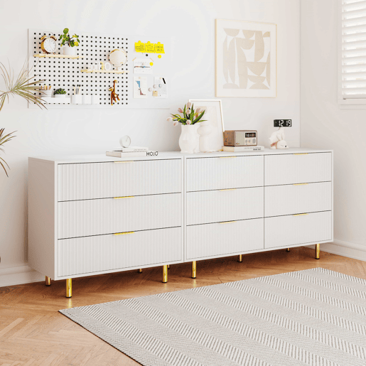 Aparador modular 72 x 200 x 40 cm u2013 com 9 gavetas, design moderno, móvel de arrumação u2013 branco e dourado
