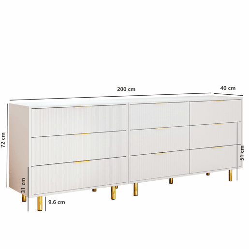 Aparador modular 72 x 200 x 40 cm u2013 com 9 gavetas, design moderno, móvel de arrumação u2013 branco e dourado