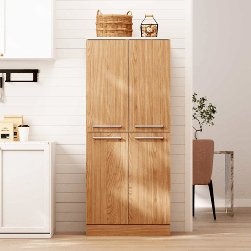Armário de despensa de cozinha 76 x 42 x 180 cm - 4 portas, estilo frigorífico, prateleiras ajustáveis, grande capacidade, com puxadores metálicos e sistema anti-tombamento - branco e natural