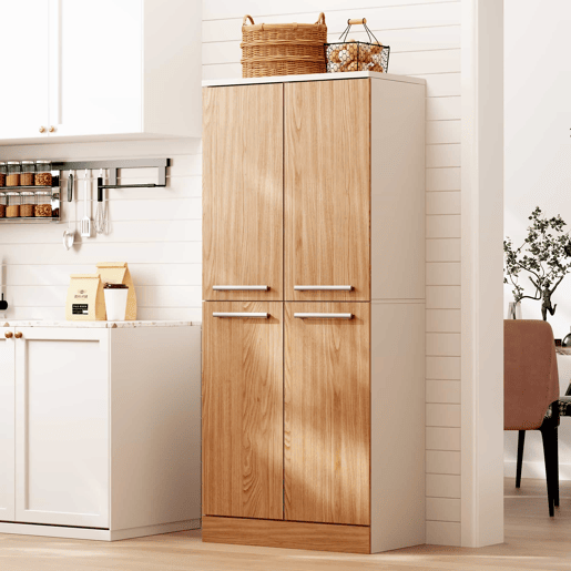 Armário de despensa de cozinha 76 x 42 x 180 cm - 4 portas, estilo frigorífico, prateleiras ajustáveis, grande capacidade, com puxadores metálicos e sistema anti-tombamento - branco e natural