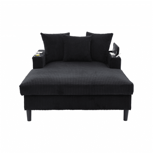Sofá Lounge Multifuncional de 1 lugar - Com chaise longue, porta-bebidas, luz LED, porta USB e espaço de arrumação - Preto