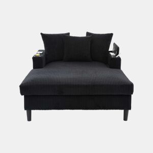 Sofá Lounge Multifuncional de 1 lugar - Com chaise longue, porta-bebidas, luz LED, porta USB e espaço de arrumação - Preto