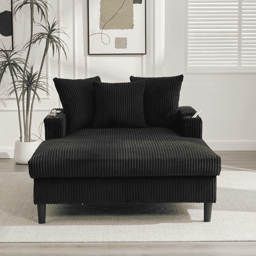 Sofá Lounge Multifuncional de 1 lugar - Com chaise longue, porta-bebidas, luz LED, porta USB e espaço de arrumação - Preto