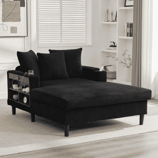 Sofá Lounge Multifuncional de 1 lugar - Com chaise longue, porta-bebidas, luz LED, porta USB e espaço de arrumação - Preto