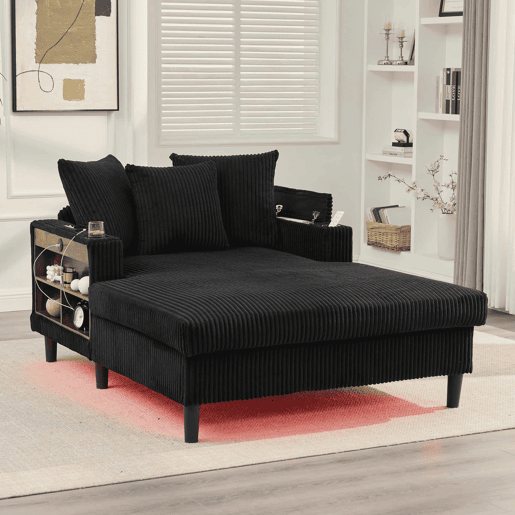 Sofá Lounge Multifuncional de 1 lugar - Com chaise longue, porta-bebidas, luz LED, porta USB e espaço de arrumação - Preto