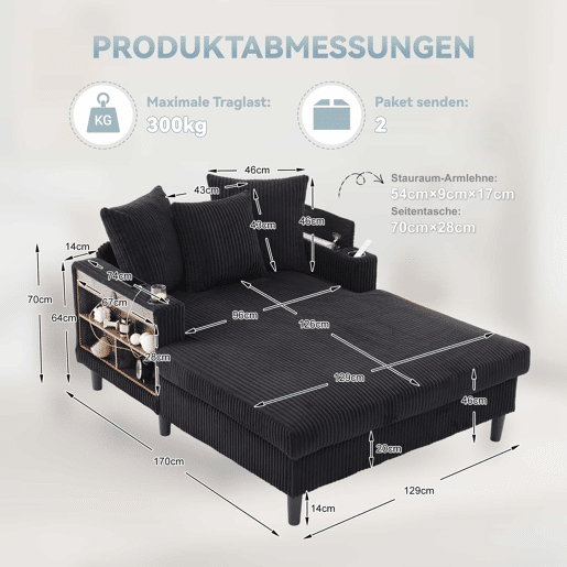 Sofá Lounge Multifuncional de 1 lugar - Com chaise longue, porta-bebidas, luz LED, porta USB e espaço de arrumação - Preto