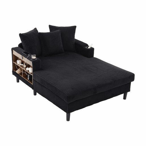 Sofá Lounge Multifuncional de 1 lugar - Com chaise longue, porta-bebidas, luz LED, porta USB e espaço de arrumação - Preto