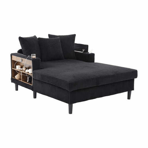 Sofá Lounge Multifuncional de 1 lugar - Com chaise longue, porta-bebidas, luz LED, porta USB e espaço de arrumação - Preto