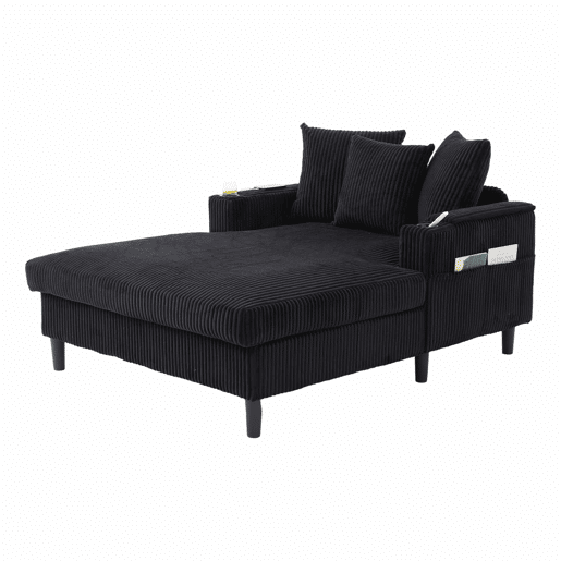 Sofá Lounge Multifuncional de 1 lugar - Com chaise longue, porta-bebidas, luz LED, porta USB e espaço de arrumação - Preto