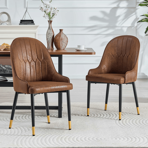 Conjunto de 2 cadeiras de jantar - sem dimensões especificadas - estofadas em tecido técnico castanho, encosto com padrão em forma de raio, estofamento espesso de alta elasticidade, estrutura metálica resistente - castanho e preto