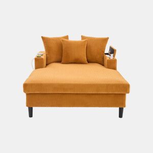 Sofá Lounge Multifuncional de 1 lugar - Chaise longue com ampla superfície de descanso, porta-copos em ambos os lados, iluminação LED, bolso lateral, espaço de arrumação, porta de carregamento USB, pés de plástico estáveis - Cor mostarda