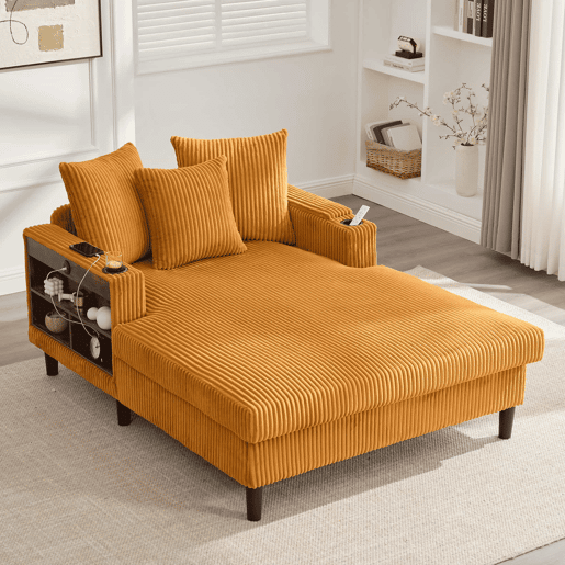 Sofá Lounge Multifuncional de 1 lugar - Chaise longue com ampla superfície de descanso, porta-copos em ambos os lados, iluminação LED, bolso lateral, espaço de arrumação, porta de carregamento USB, pés de plástico estáveis - Cor mostarda