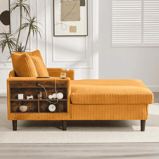 Sofá Lounge Multifuncional de 1 lugar - Chaise longue com ampla superfície de descanso, porta-copos em ambos os lados, iluminação LED, bolso lateral, espaço de arrumação, porta de carregamento USB, pés de plástico estáveis - Cor mostarda