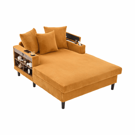 Sofá Lounge Multifuncional de 1 lugar - Chaise longue com ampla superfície de descanso, porta-copos em ambos os lados, iluminação LED, bolso lateral, espaço de arrumação, porta de carregamento USB, pés de plástico estáveis - Cor mostarda