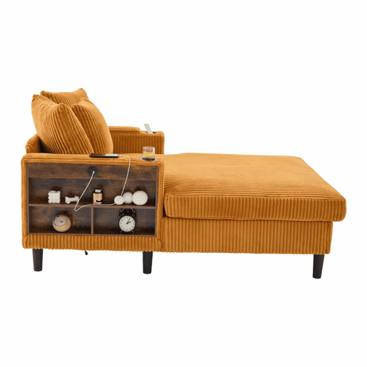 Sofá Lounge Multifuncional de 1 lugar - Chaise longue com ampla superfície de descanso, porta-copos em ambos os lados, iluminação LED, bolso lateral, espaço de arrumação, porta de carregamento USB, pés de plástico estáveis - Cor mostarda