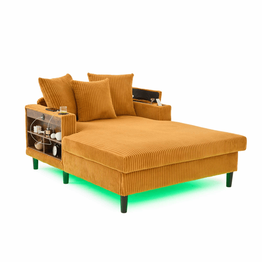 Sofá Lounge Multifuncional de 1 lugar - Chaise longue com ampla superfície de descanso, porta-copos em ambos os lados, iluminação LED, bolso lateral, espaço de arrumação, porta de carregamento USB, pés de plástico estáveis - Cor mostarda