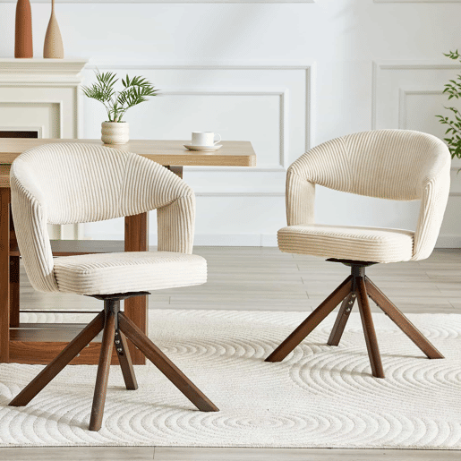 Conjunto de 2 cadeiras retro giratórias - Cadeiras de jantar em tom creme com riscas verticais e pés em madeira maciça na cor nogueira - Cor: Branco, Nogueira