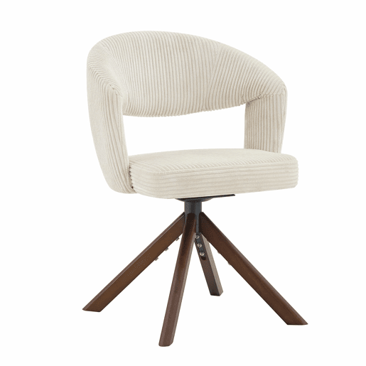 Conjunto de 2 cadeiras retro giratórias - Cadeiras de jantar em tom creme com riscas verticais e pés em madeira maciça na cor nogueira - Cor: Branco, Nogueira