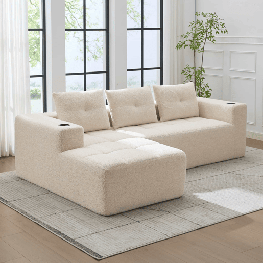 Sofá de canto de 255 cm - clássico, minimalista e confortável, com 3 lugares - bege