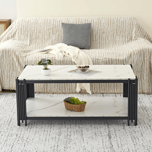 Mesa de centro 114 x 64 x 46 cm - retangular com pés de metal e tampo com efeito mármore, mobiliário moderno - preto e branco